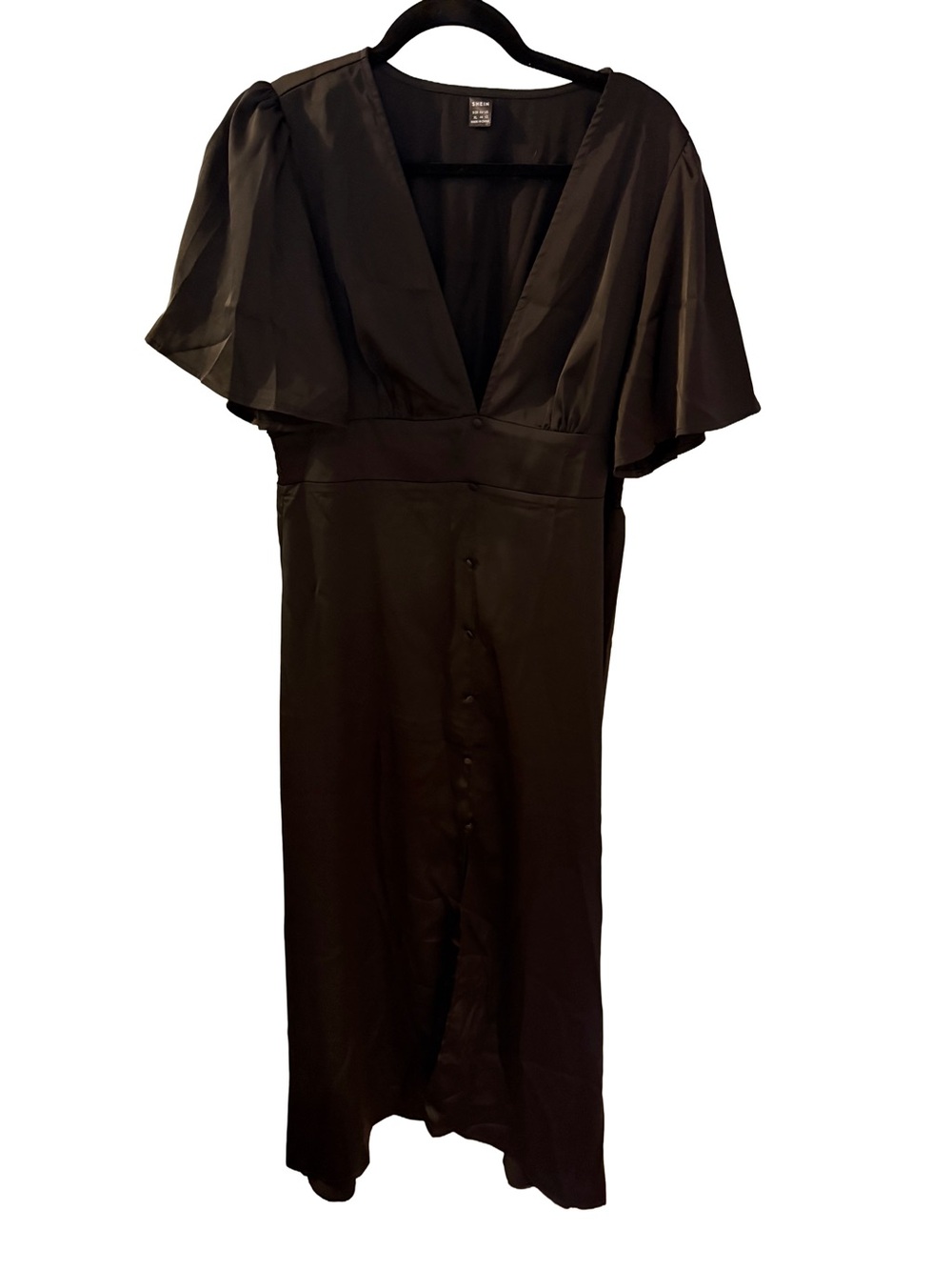 SHEIN Black Satin Plunge Neck Button Front Midi Dress Size XL